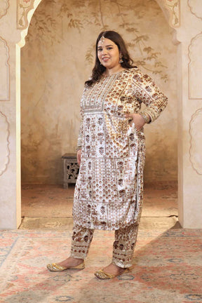 Plus Size Ivory Rust Ethnic Printed Velvet Suit Set
