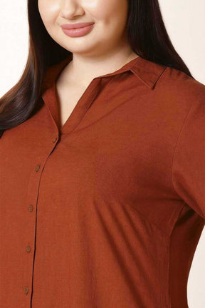 Plus Size Rust Brown Cotton Linen Shirt Dress
