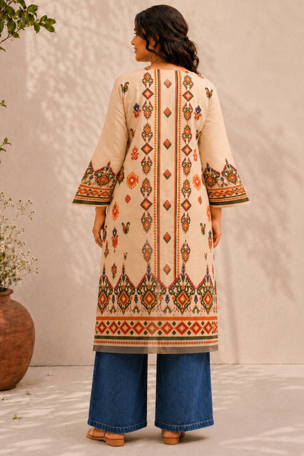 Plus Size Beige Ethnic Border Print cotton Kurta for Women