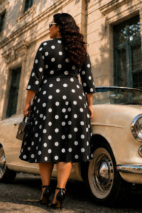 Plus Size Black Polka Print Rayon Midi Dress