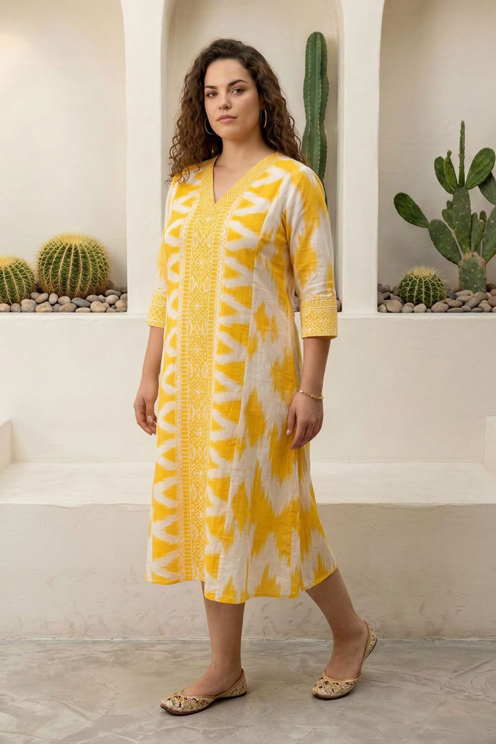 Comfortable Plus Size Yellow Ikat Print Cotton Midi Dress