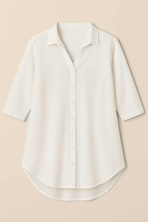 Plus Size White Cuban Collar Cotton Shirt