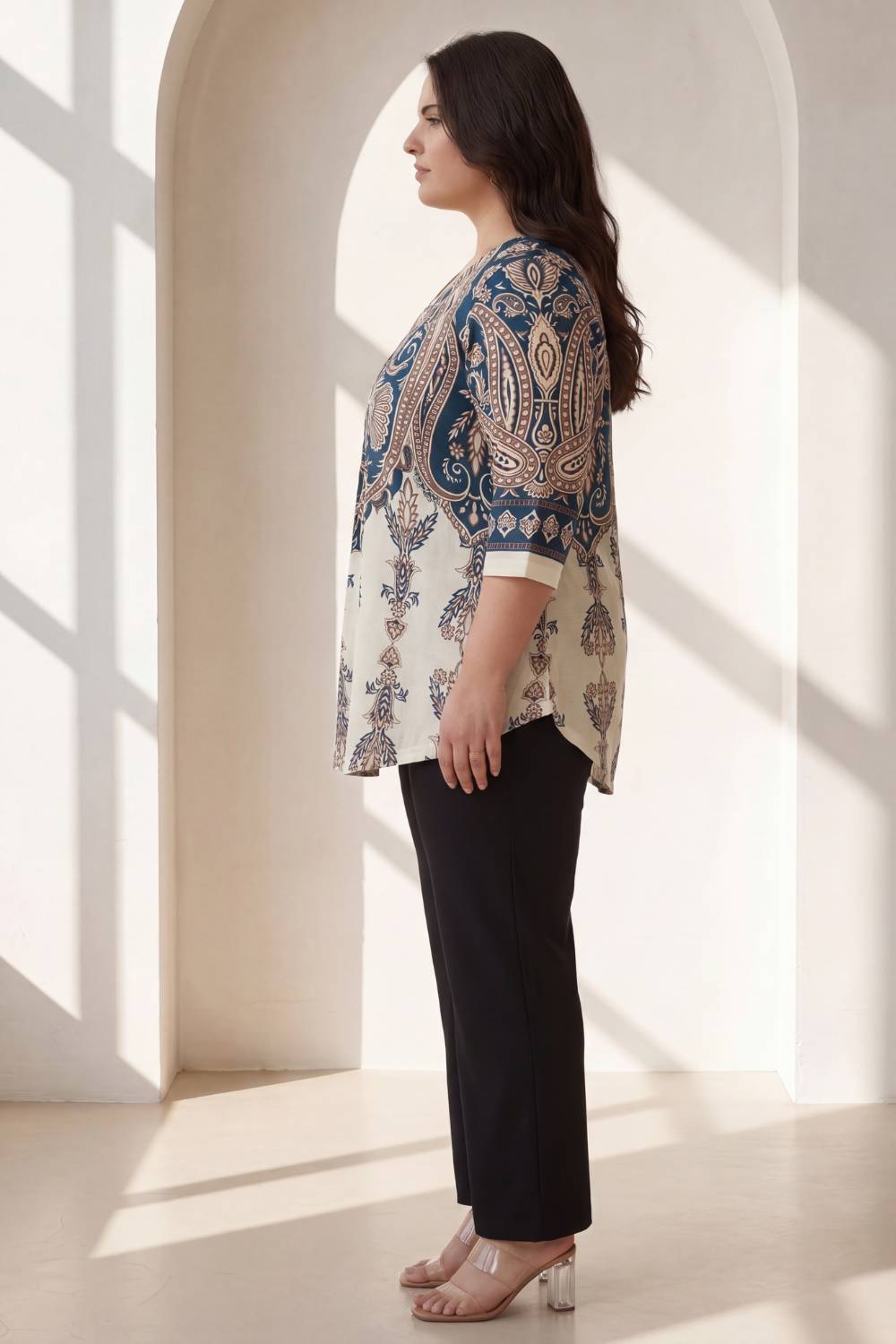 Plus Size Cream Luxe Ethnic Print Centre Pleat Top for Women