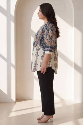 Plus Size Cream Luxe Ethnic Print Centre Pleat Top