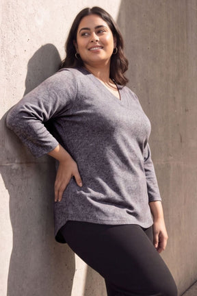 Plus Size Grey Melange  V Neck SnugWeave Winter Top