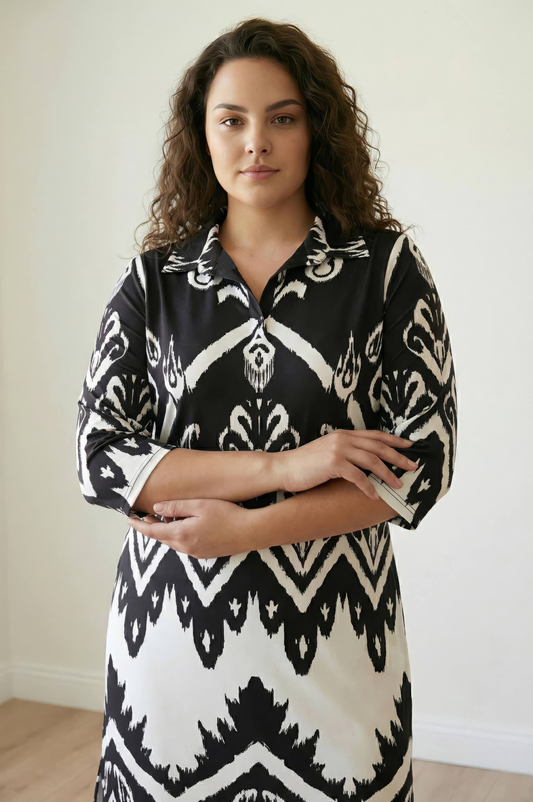 Plus Size Plus Size Black White Print Shirt Dress