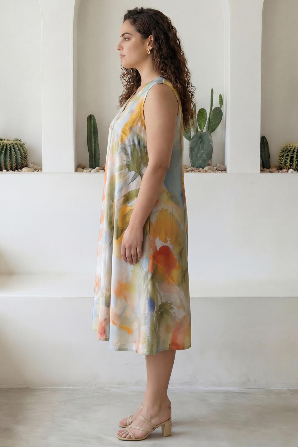 Plus Size Pastel Abstract Print Sleeveless Cotton Midi Dress