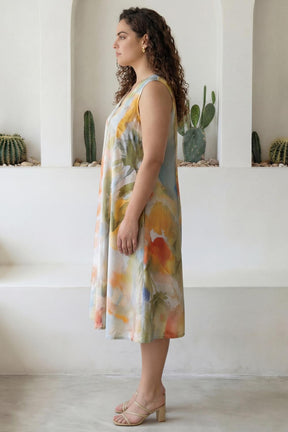 Plus Size Pastel Abstract Print Sleeveless Cotton Midi Dress
