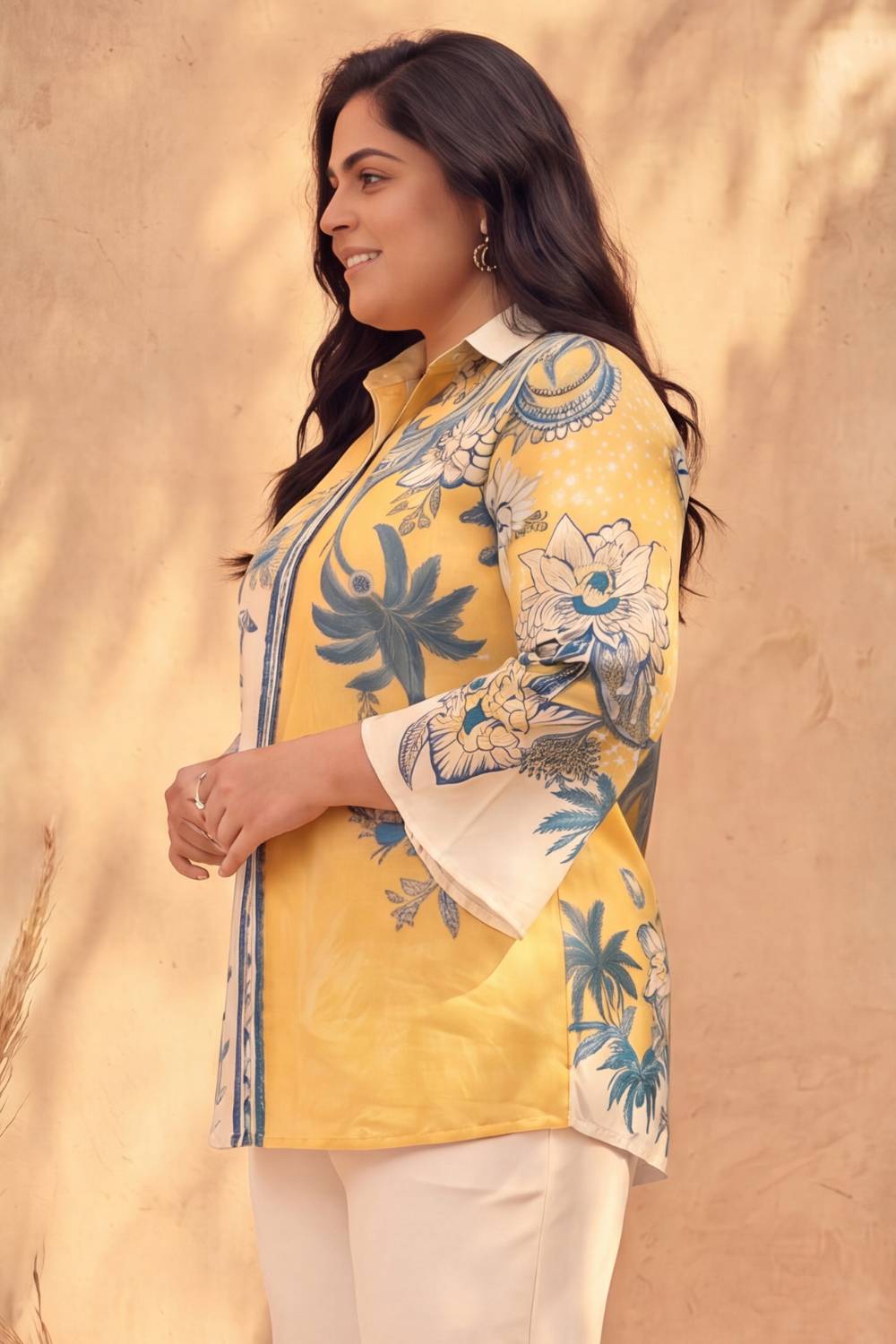 Plus Size Plus Size Yellow Floral Printed Cotton Top