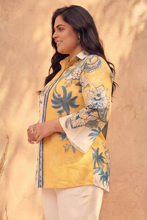 Plus Size Yellow Floral Printed Cotton Top