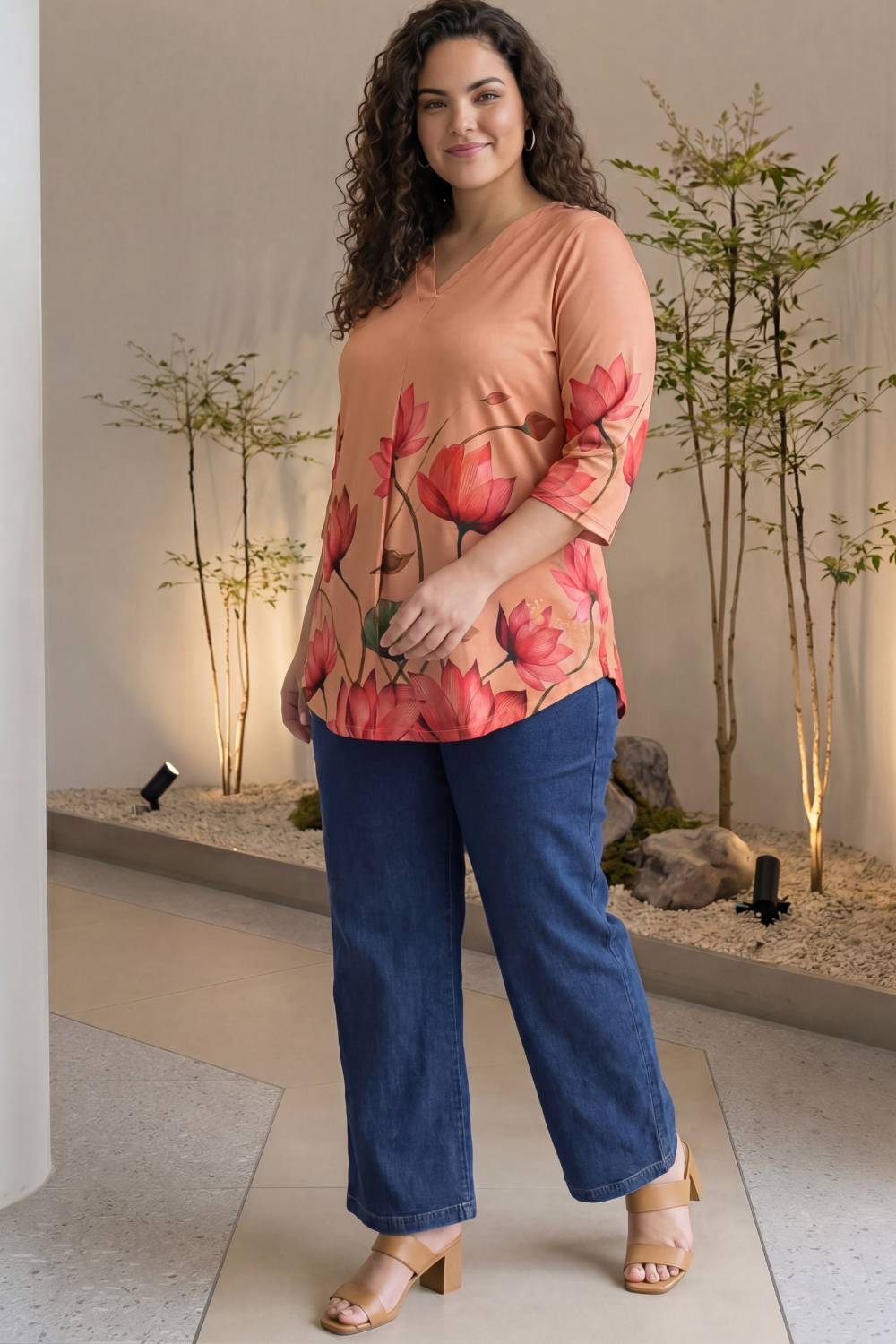 Lotus Print Plus Size Top for Women