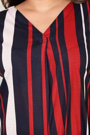 Plus Size Red Blue Striped Centre Pleat Top