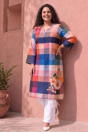 Plus Size Floral Check Printed Cotton Kurta