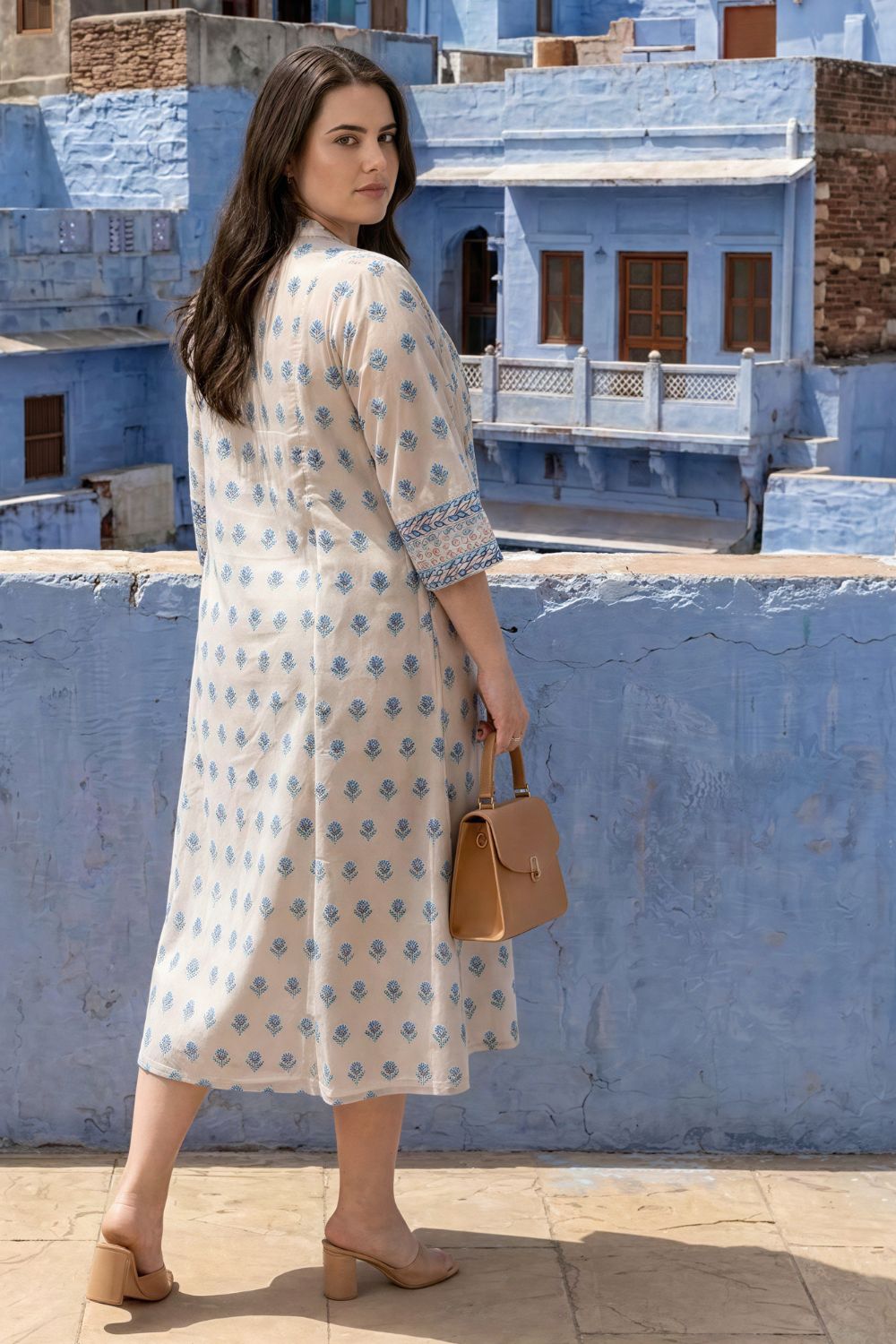 Plus Size Beige Blue Floral Buta Print Cotton Midi Dress