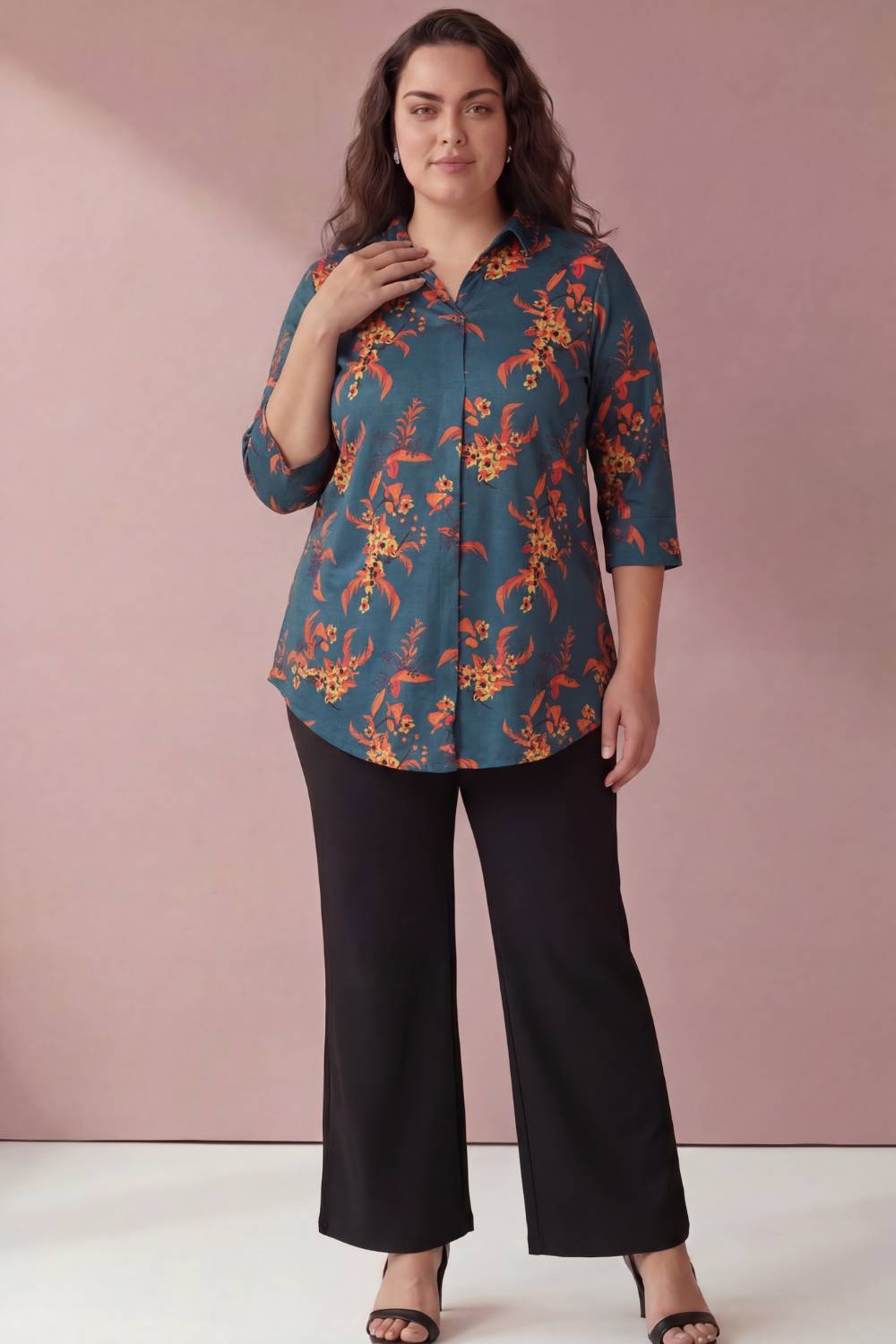 Teal Red Floral Centre Pleat Top for Women