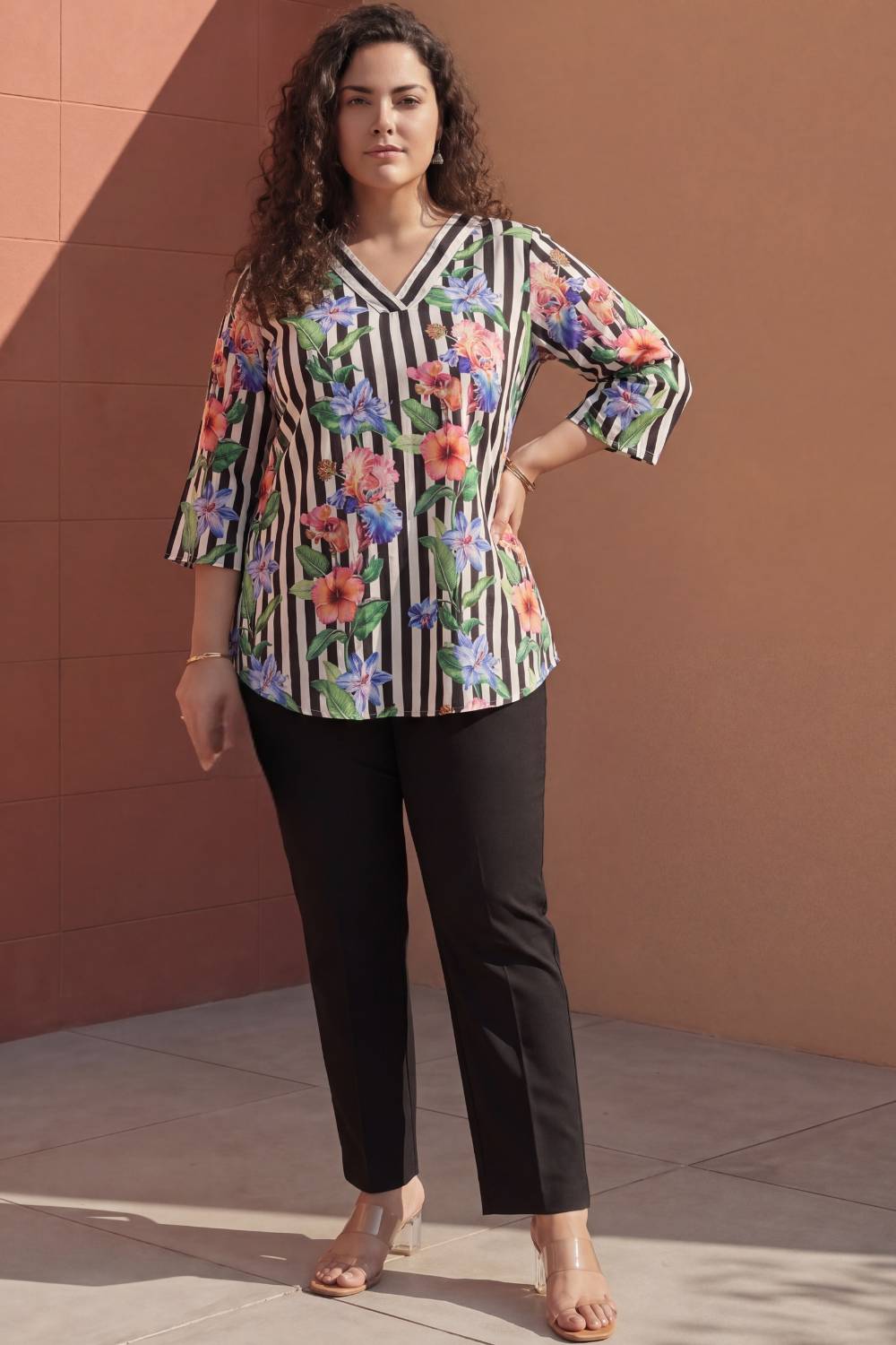 Plus Size Plus Size Black Floral Stripes Top