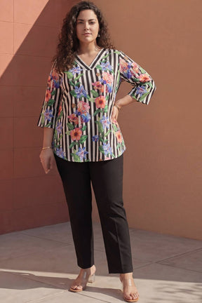 Plus Size Black Floral Stripes Top