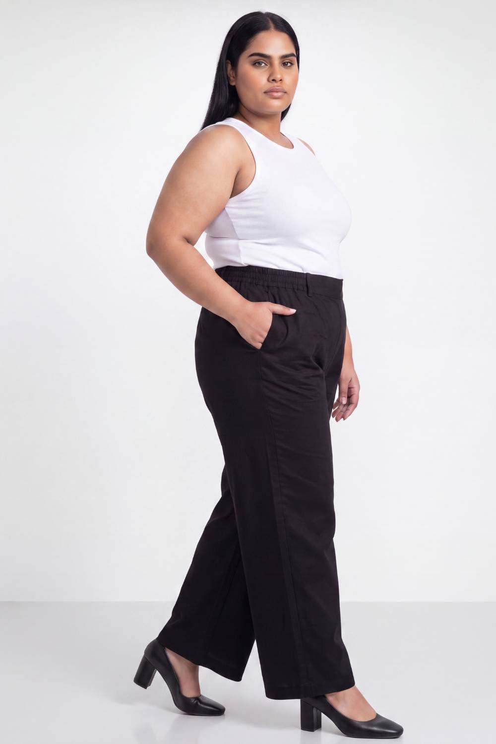 Plus Size Wide Leg Black Cotton Satin Pants for Women