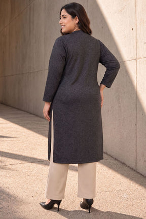 Plus Size Charcoal Grey V Neck SnugWeave™ Winter Kurta