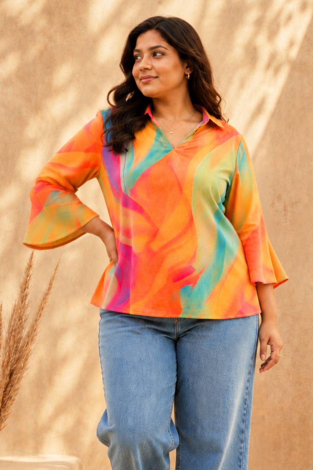 Plus Size Multicolor Abstract Print Cotton Top for Women