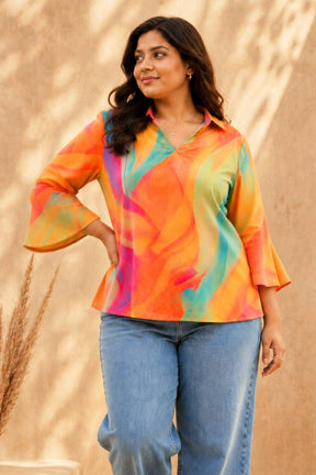 Plus Size Multicolor Abstract Print Cotton Top