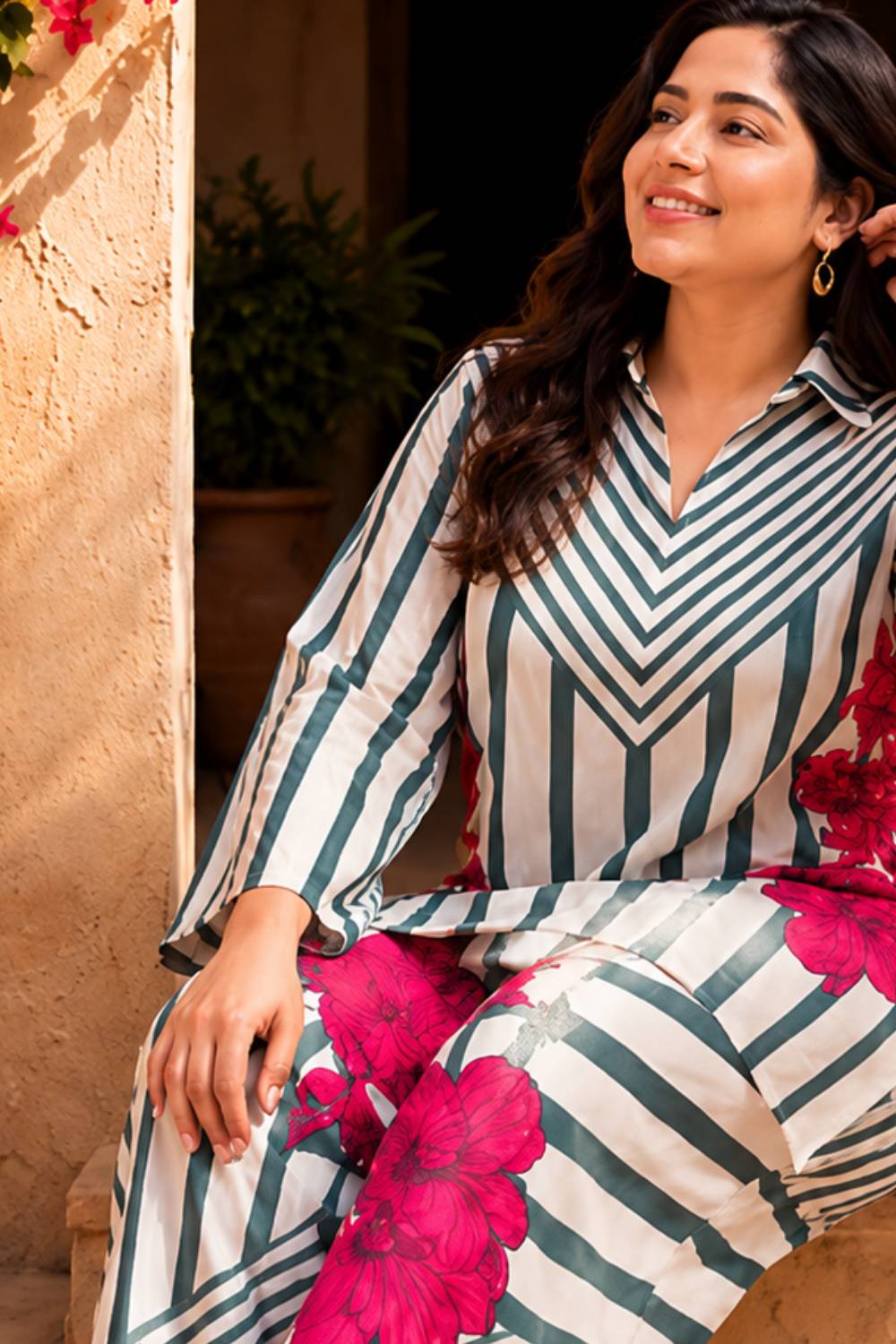Comfortable Plus Size Green Stripe Floral Coord Set
