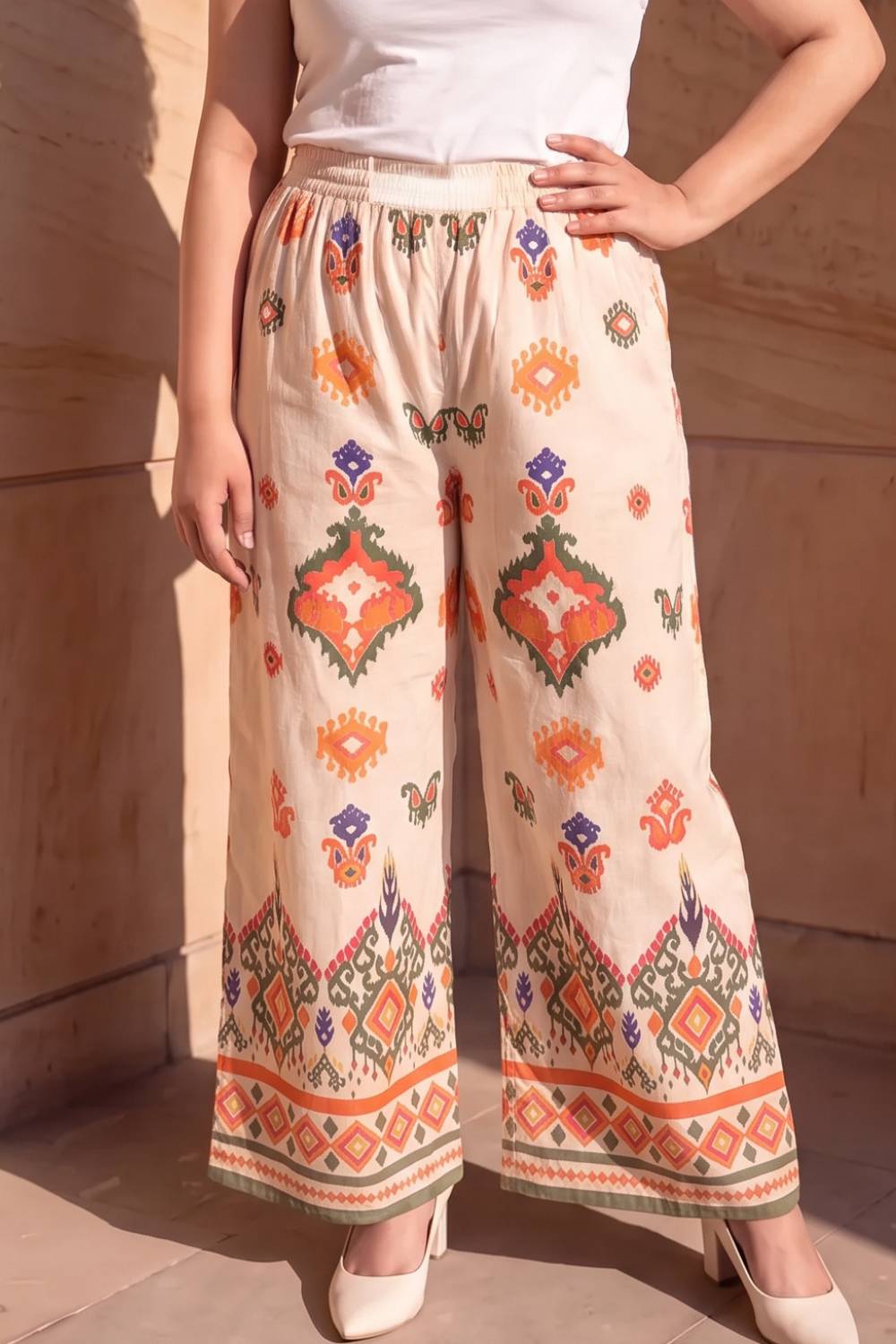 Comfortable Plus Size Beige Ethnic Border Print Cotton Kurta Coord Set