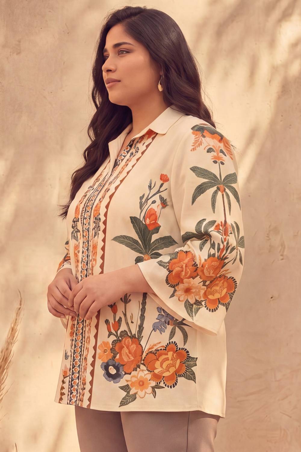 Plus Size Boho Floral Panel Print Cotton Top