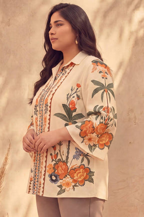 Plus Size Boho Floral Panel Print Cotton Top