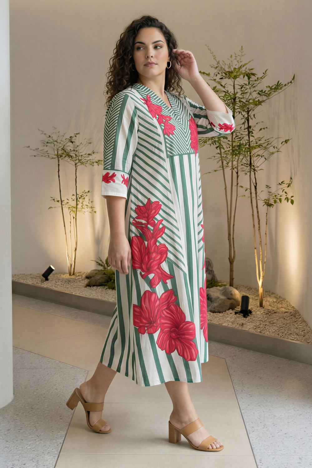 Plus Size Green Stripe Floral Print Cotton Midi Dress