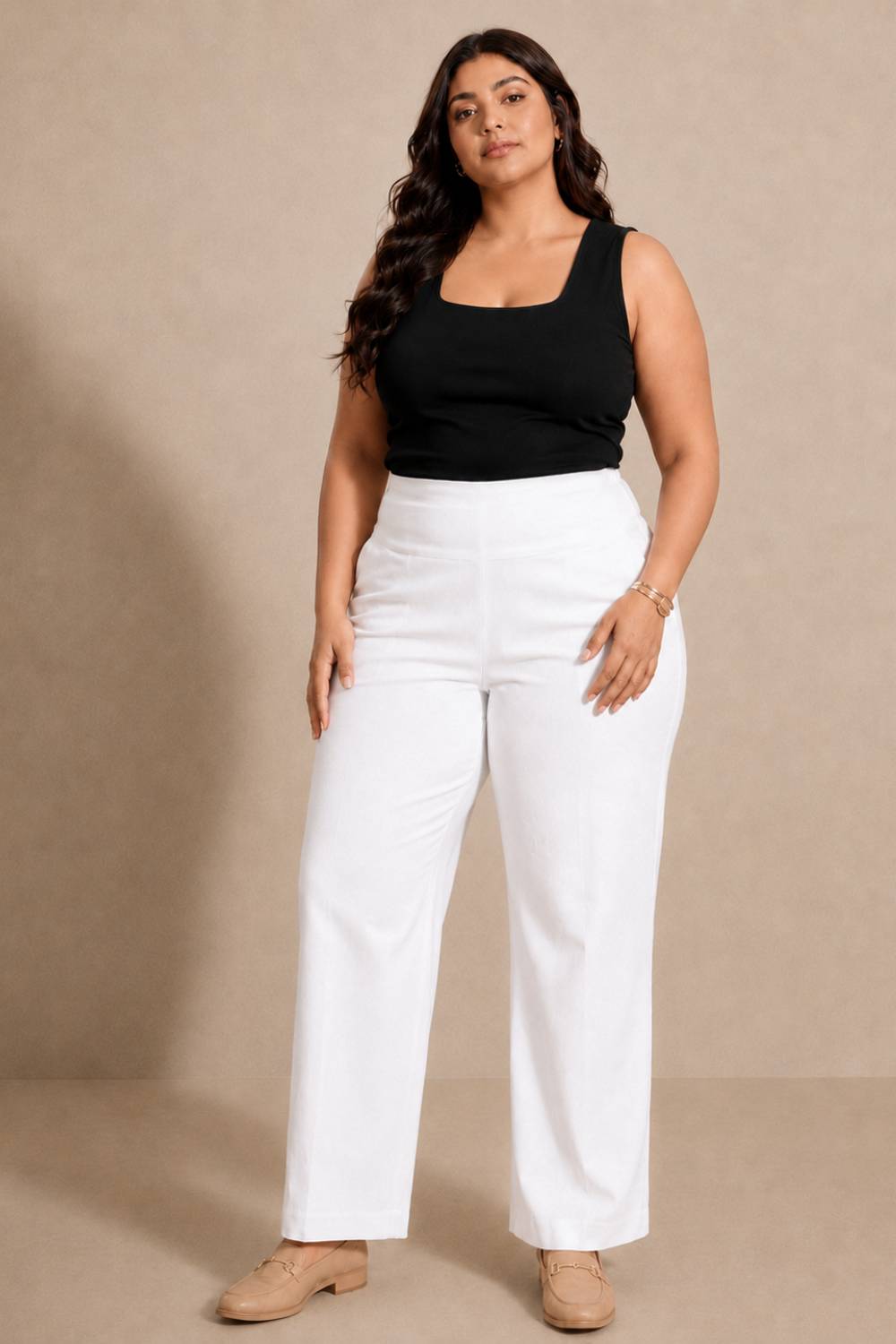 White Tummy Shaping Wide Straight Pants for Women