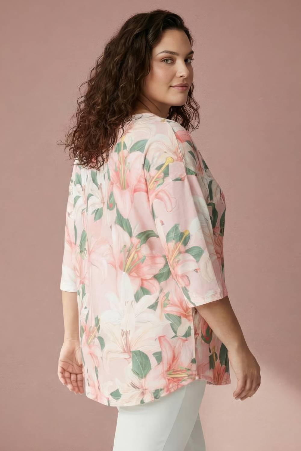 Plus Size Light Pink Floral Centre Pleat Top for Women