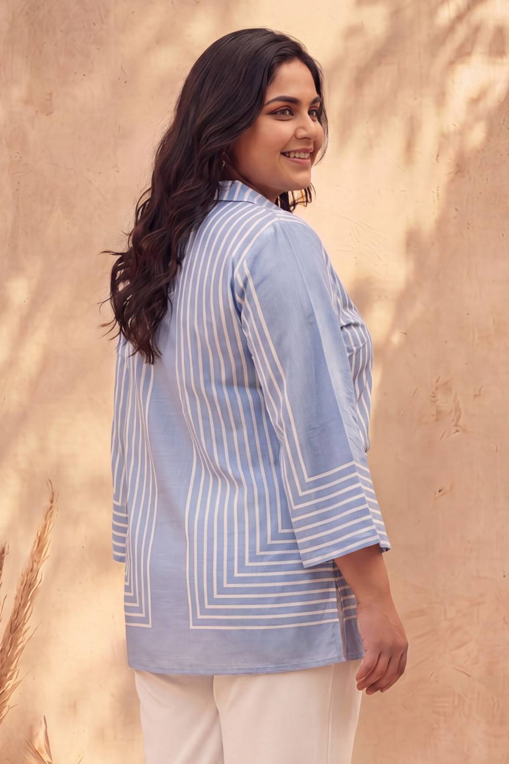 Plus Size Blue Stripe Printed Cotton Top