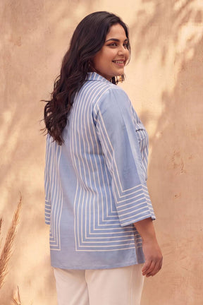Plus Size Blue Stripe Printed Cotton Top