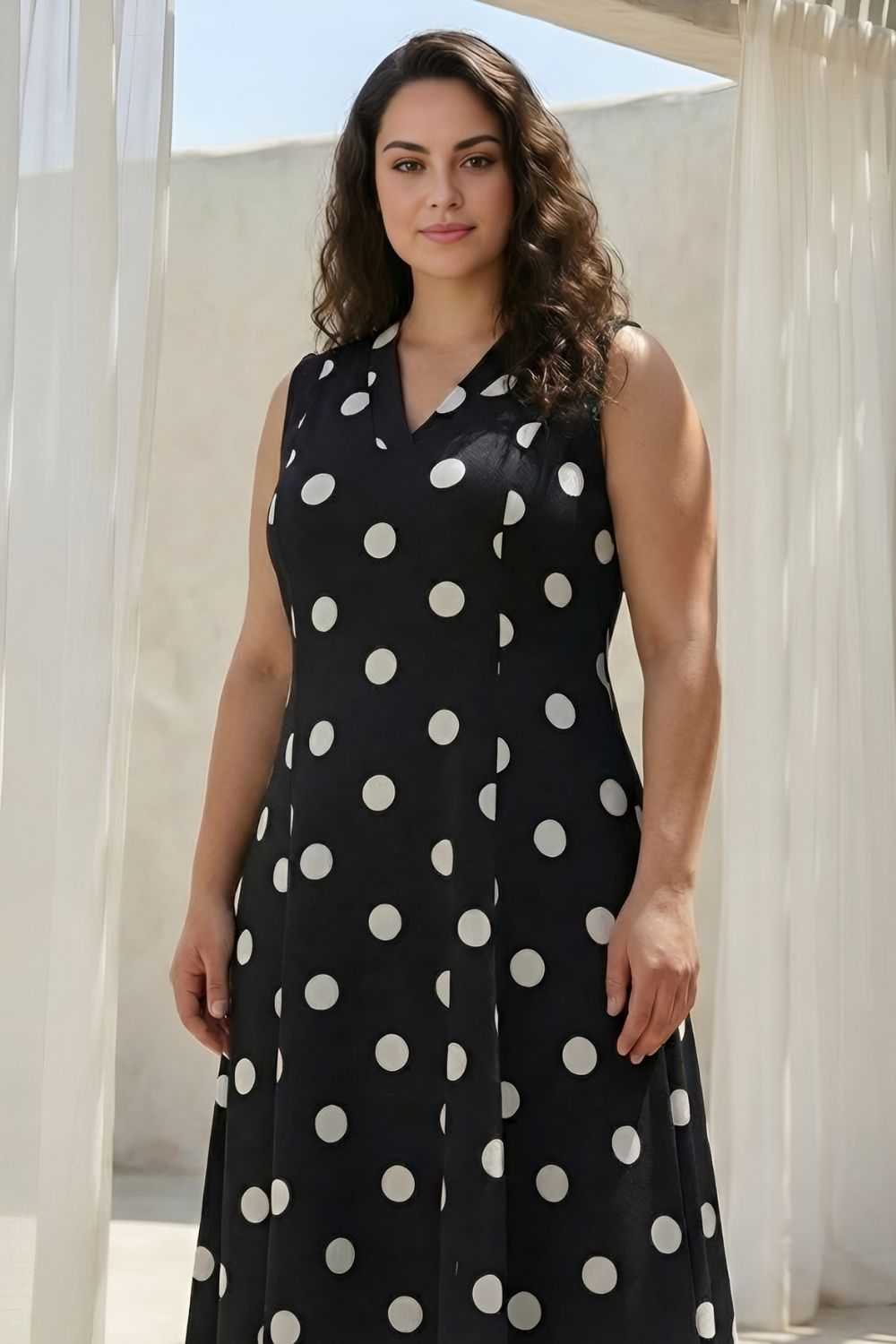 Plus Size Black Polka Print Sleeveless Rayon Midi Dress