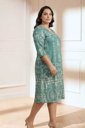 Plus Size Green Ethnic Print A line Dress