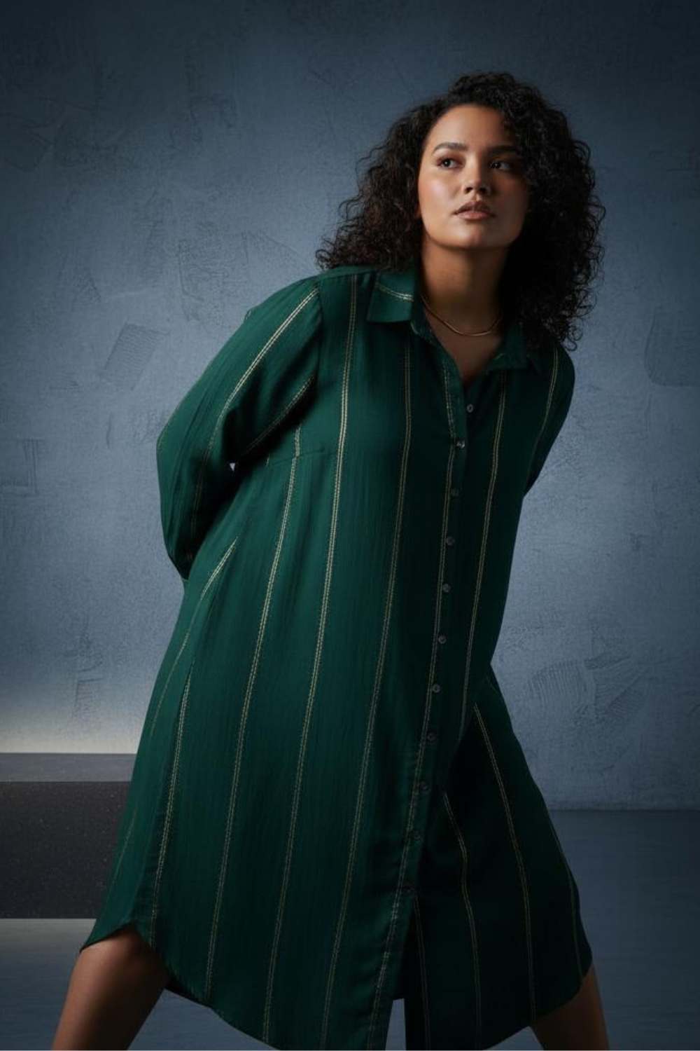 Plus Size Emerald Green Golden Pin Striped Shirt Dress for Women