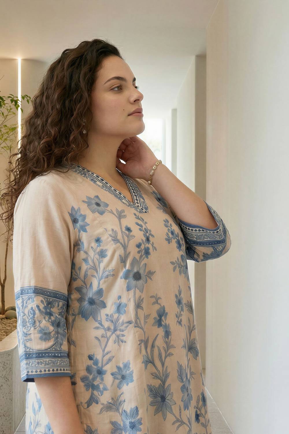 Plus Size Beige Ethnic Floral Print Cotton Midi Dress for Women