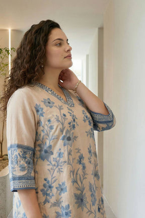 Plus Size Beige Ethnic Floral Print Cotton Midi Dress