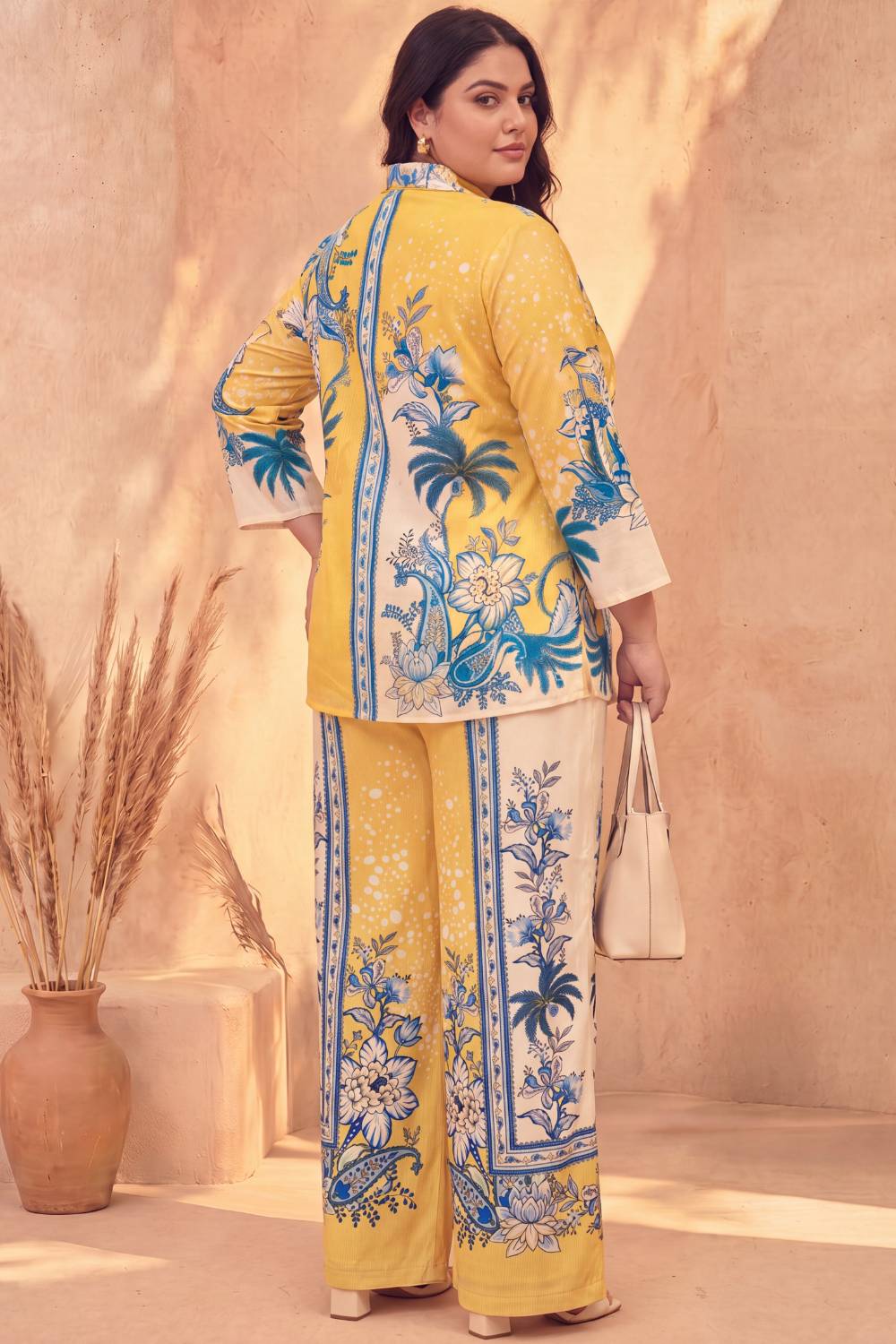 Comfortable Plus Size Yellow Floral Printed Cotton Coord Set