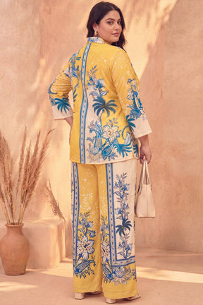 Plus Size Yellow Floral Printed Cotton Coord Set