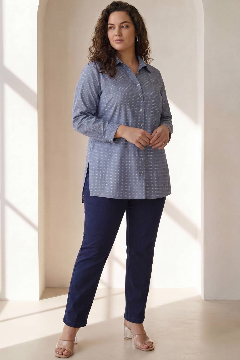 Plus Size Mid Blue Cross Weave Denim Cotton Shirt for Women