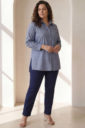Plus Size Mid Blue Cross Weave Denim Cotton Shirt