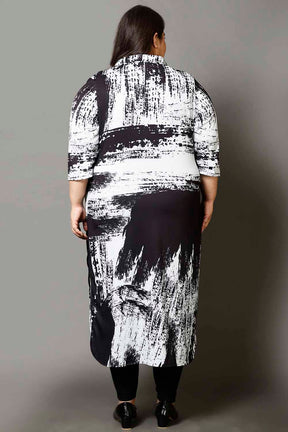 Plus Size Black Abstract Print Kurta Cum Shrug