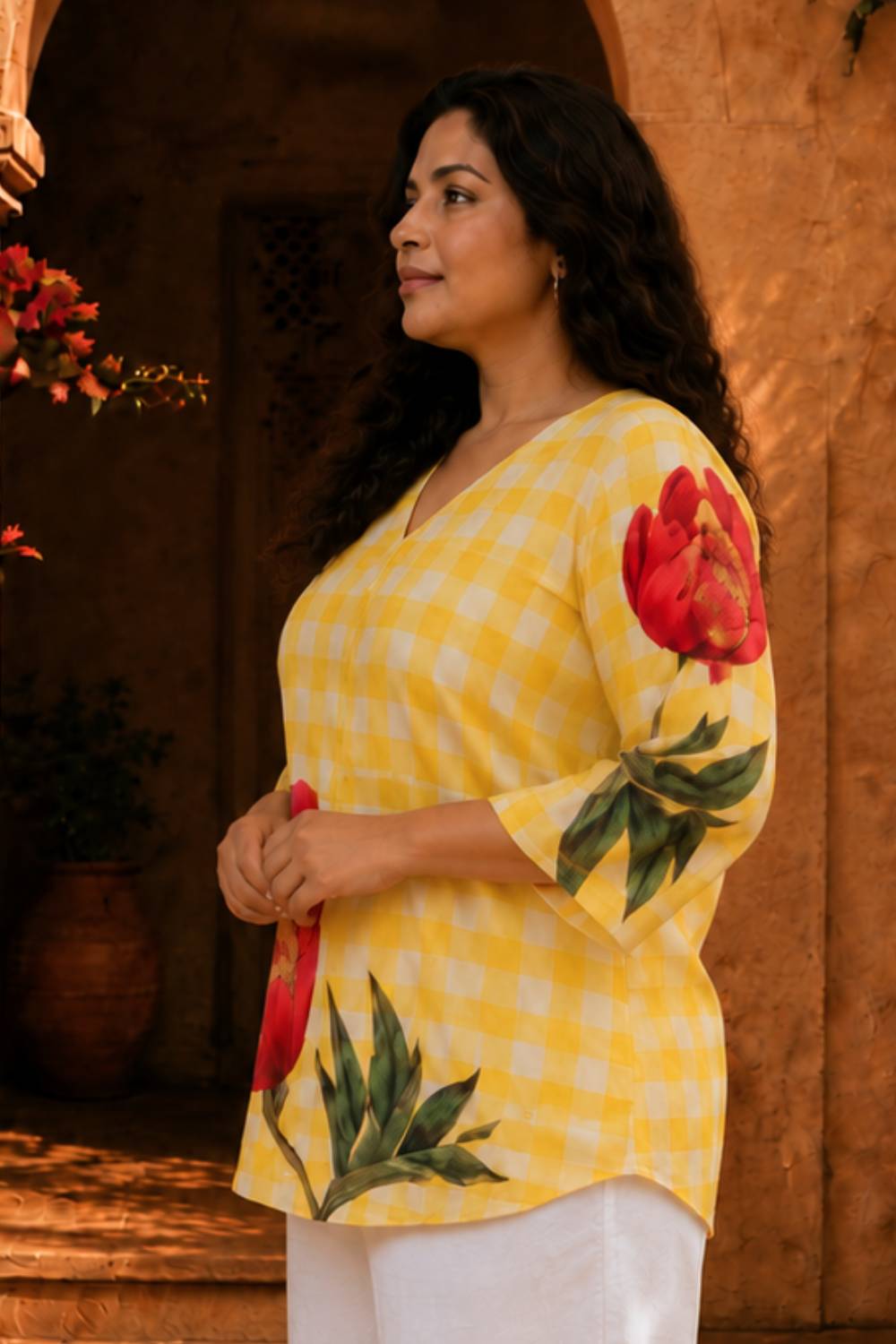 Plus Size Yellow Gingham Floral Print Top for Women