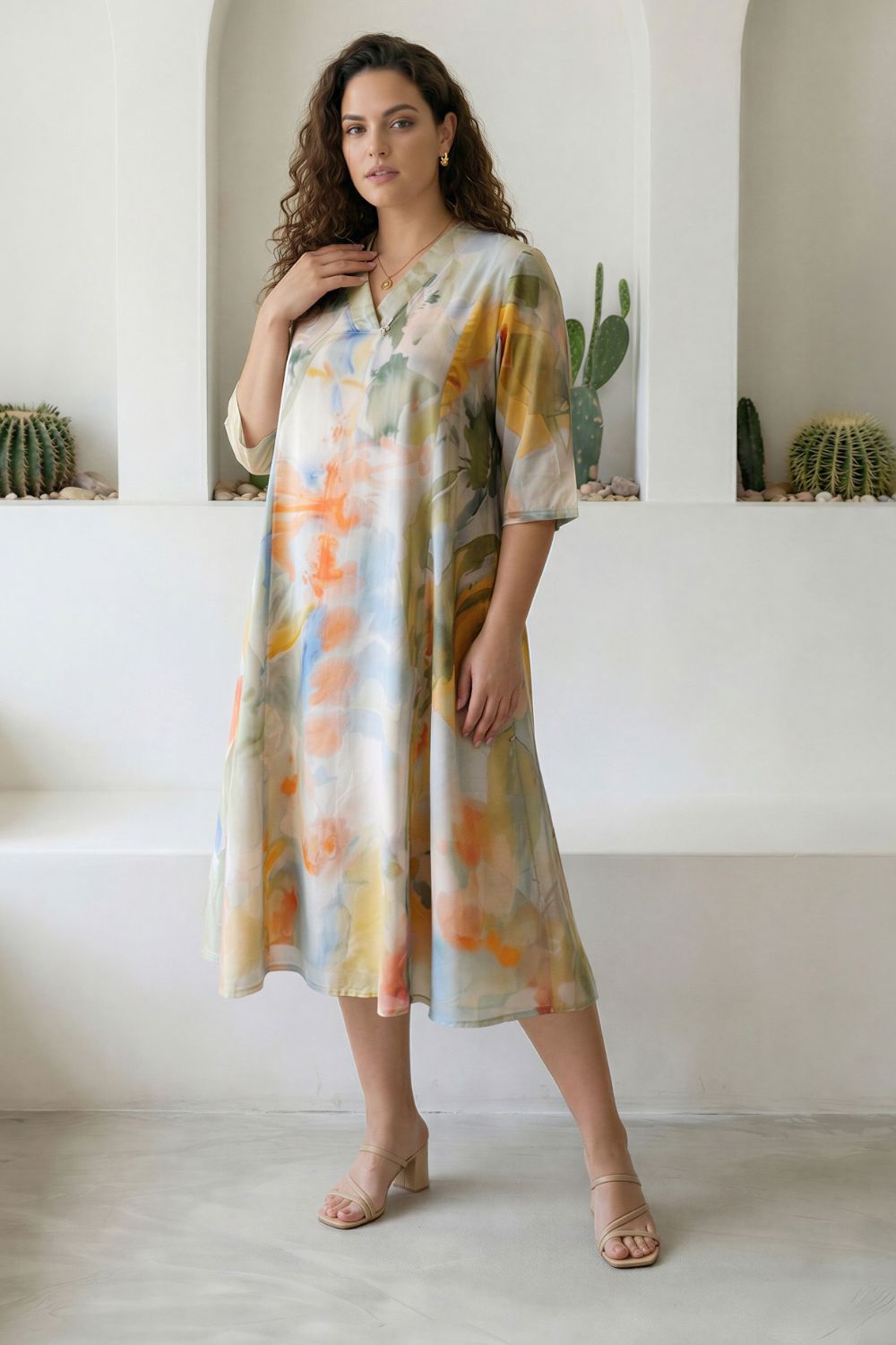 Plus Size Pastel Abstract Print Cotton Midi Dress for Women