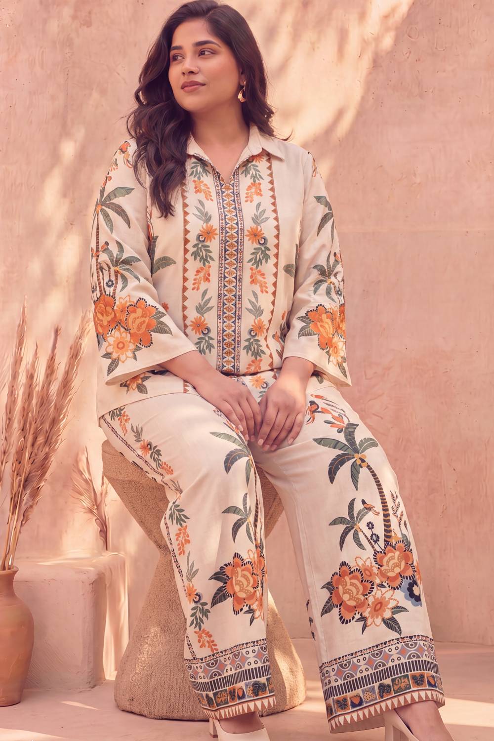 Buy Plus Size Boho Floral Panel Print Cotton Coord Set