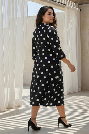 Plus Size Black Polka Print Rayon Midi Dress