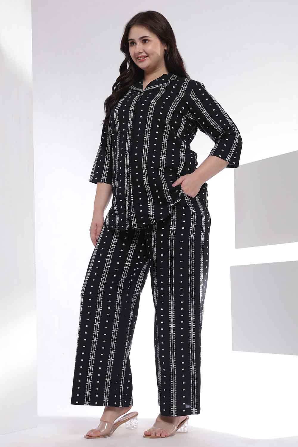 Plus Size Black Weave Work Shirt Coord Set for Women
