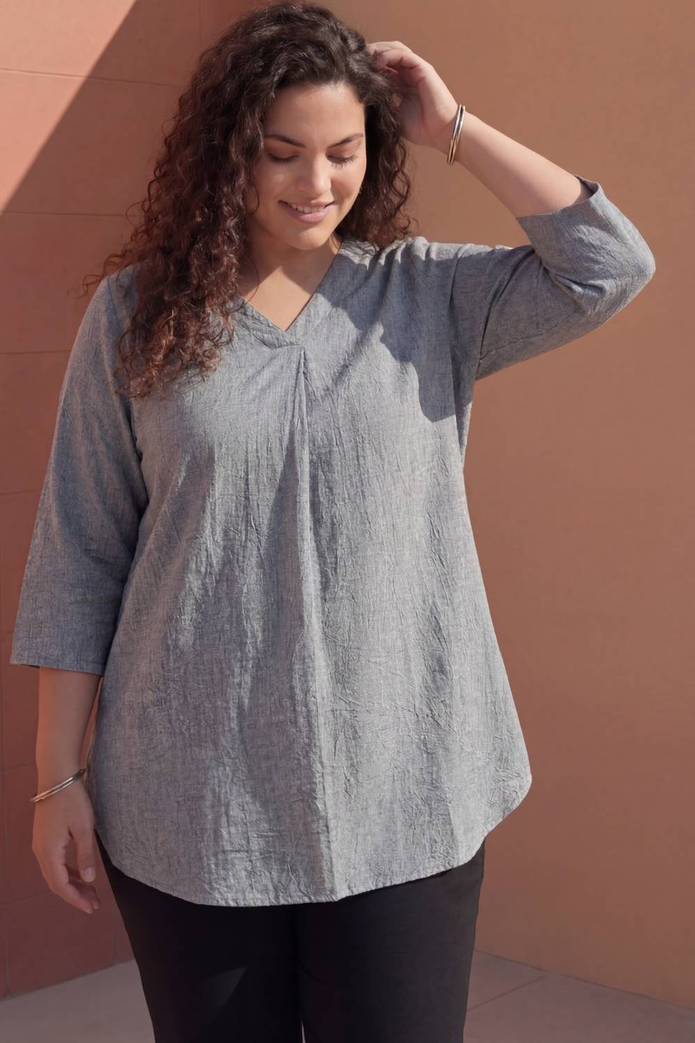 Plus Size Acid Wash Denim Cotton Top for Women